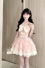 Pink Square Collar Sleeveless Multi-Layered Ruffled Embroidered Bow Pearl Detail Sweet Lolita Jsk Dress - Pink - 1