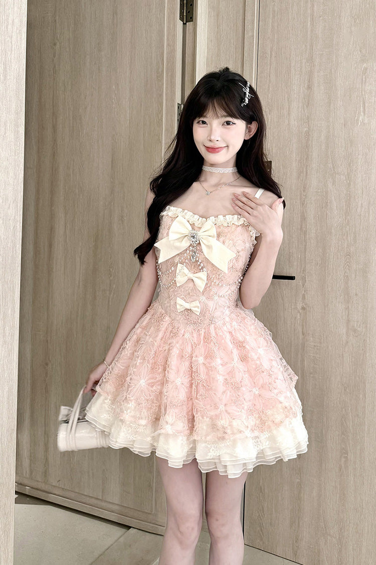 Pink Square Collar Sleeveless Multi-Layered Ruffled Embroidered Bow Pearl Detail Sweet Lolita Jsk Dress - Pink - 1