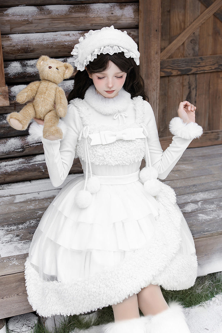 [White Chocolate] Triple-Layered Ruffle Bowknot Sweet Lolita Jsk Dress Set - Product - 17