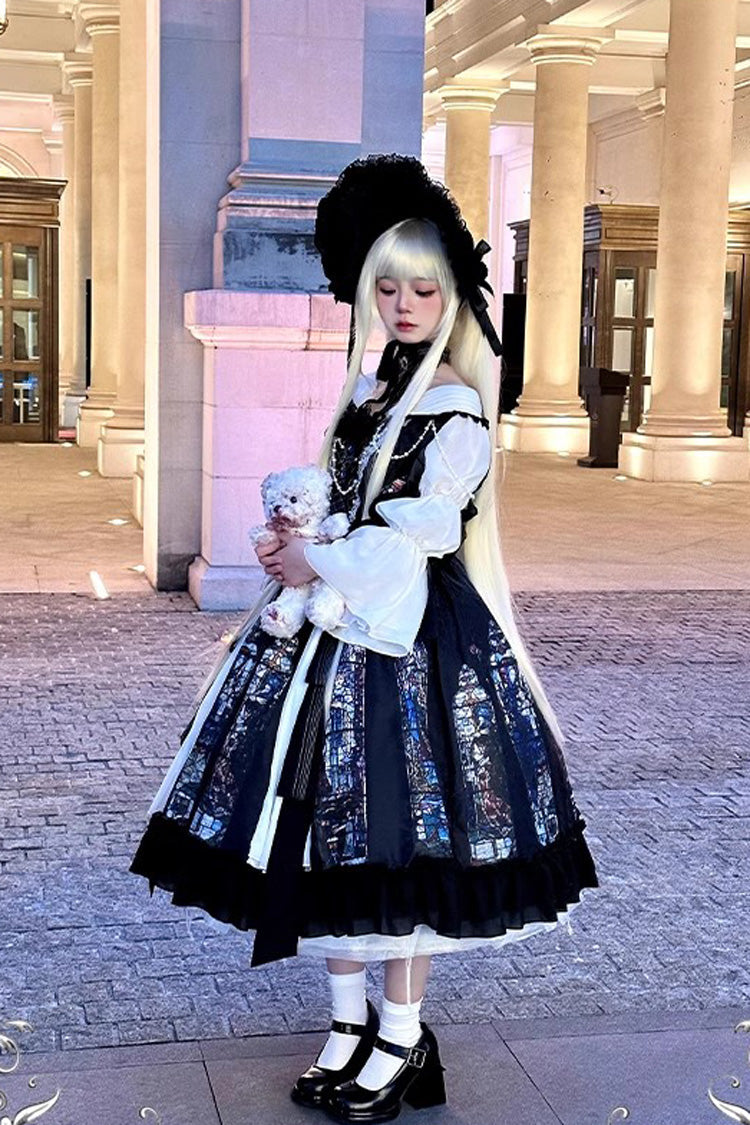 Black Stained Window Print Ruffle Bowknot Gothic Elegant Lolita Jsk Dress - Product - 16