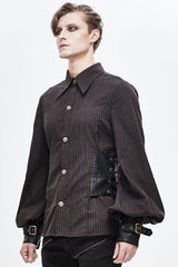 Brown Striped Waist Cuff Leather Mens Punk Blouse - Product - 2