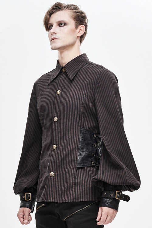 Brown Striped Waist Cuff Leather Mens Punk Blouse - Product - 2