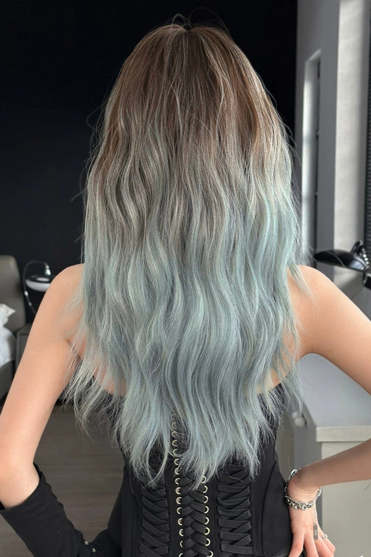 Brown to Mint Blue Ombre Romantic Air Bangs Fluffy Big Curly Sweet Lolita Full Wig - Product - 3