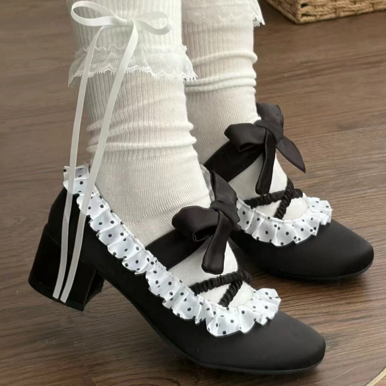 Satin Ruffled Lace-Up Sweet Classic Elegant Lolita Heels 2 Colors - Black - 1