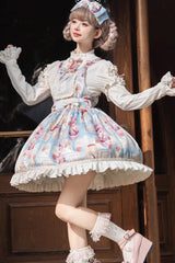 Light Blue [Letter from Showa] Rabbit and letter Print Ruffle Bowknot Sweet Princess Lolita Strap Dress - Product - 4