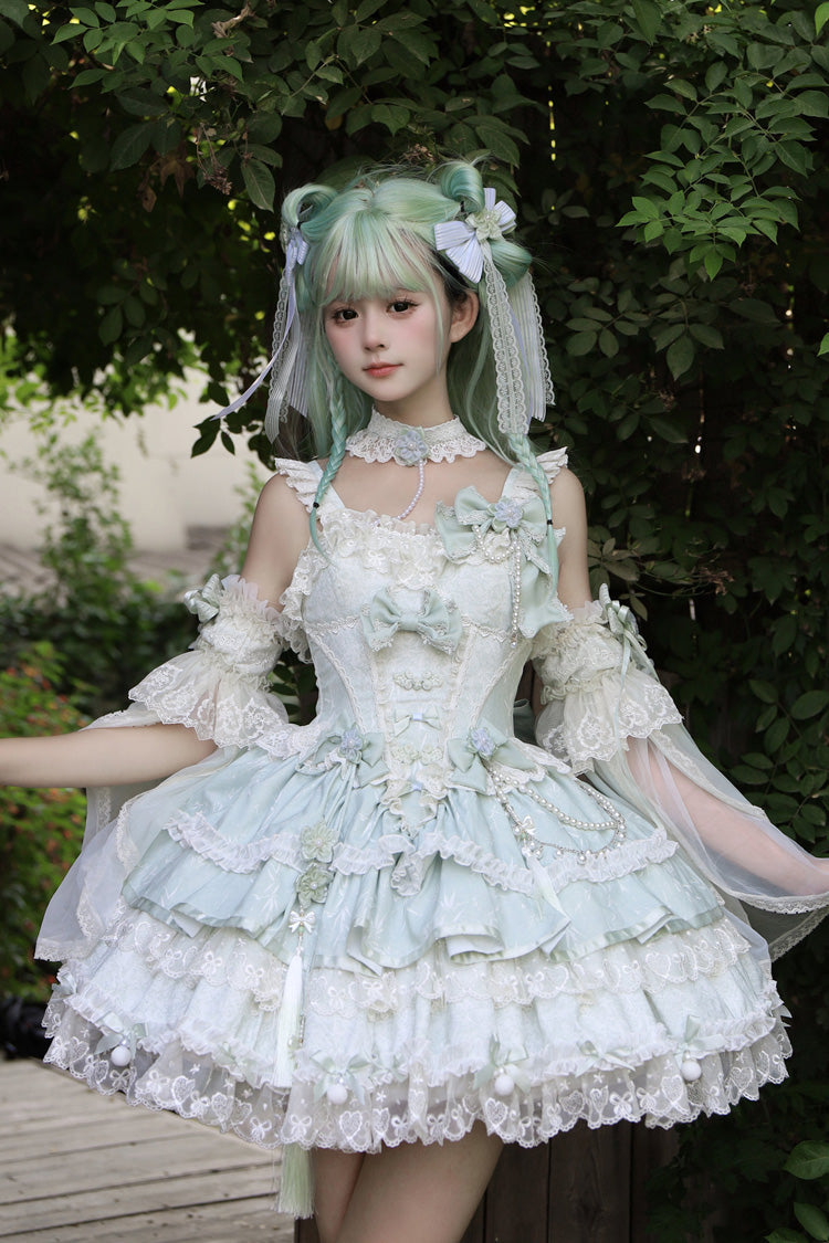Green [Prelude of Spring Cherry] Square Collar Sleeveless Multi-Layered Jacquard Ruffled Bow Lace Pearl-Decorated Sweet Lolita Jsk Dress - Product - 2