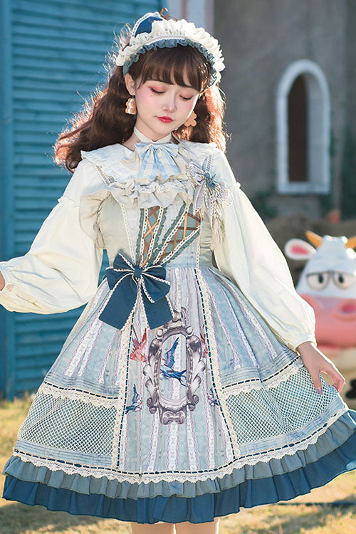 Light Blue Vintage Finches In The Mirror Print Country Style Bowknot Multi-Layer Ruffled Classic Lolita JSK Dress - Product - 3