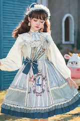 Light Blue Vintage Finches In The Mirror Print Country Style Bowknot Multi-Layer Ruffled Classic Lolita JSK Dress - Product - 3