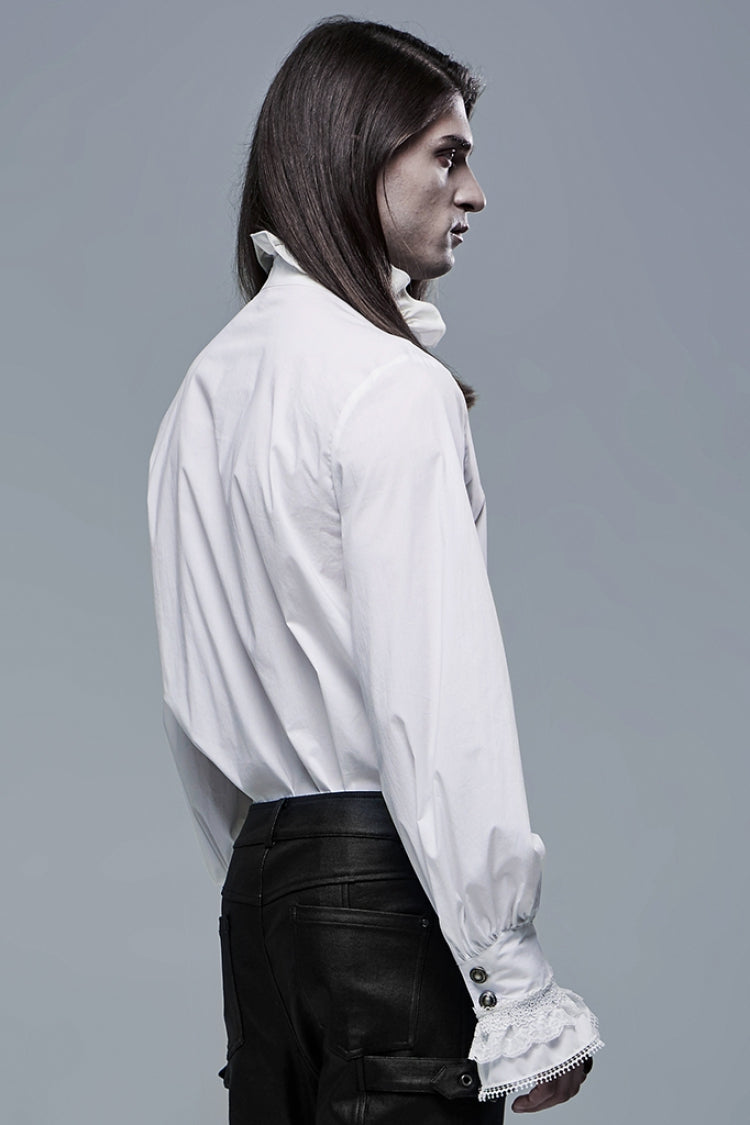 White Stand Collar Lantern Sleeves Slim Men's Gothic Blouse - Product - 3