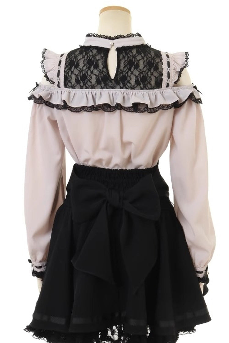 Sweet Jirai Kei Choker Neck Off Shoulder Bowknot Lace Japanese Blouse 3 Colors - Product - 9