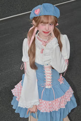 Blue/Pink [Rock Ballet] Printed Triple-Layered Ruffled Bow Lace-Up Sweet Lolita Jsk Dress - Product - 5