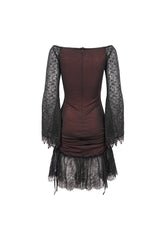 Red Elastic Texture One-Shoulder Hem Splicing Lace Bell Sleeve Women's Gothic Dress - Product - 9
