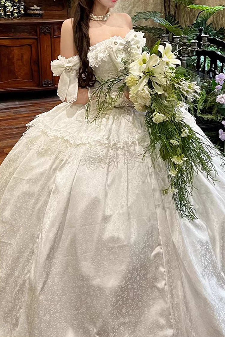 [White Moonlight Lover] Romantic Commemorative Ceremony Sleeveless Ruffled Bow Lace Lace-Up Sweet Elegant Lolita Strapless Dress 3 Colors - Product - 11