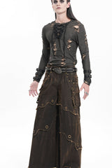 Coffee Eyelet Men's Gothic Pants Pocket Trousers - Product - 6