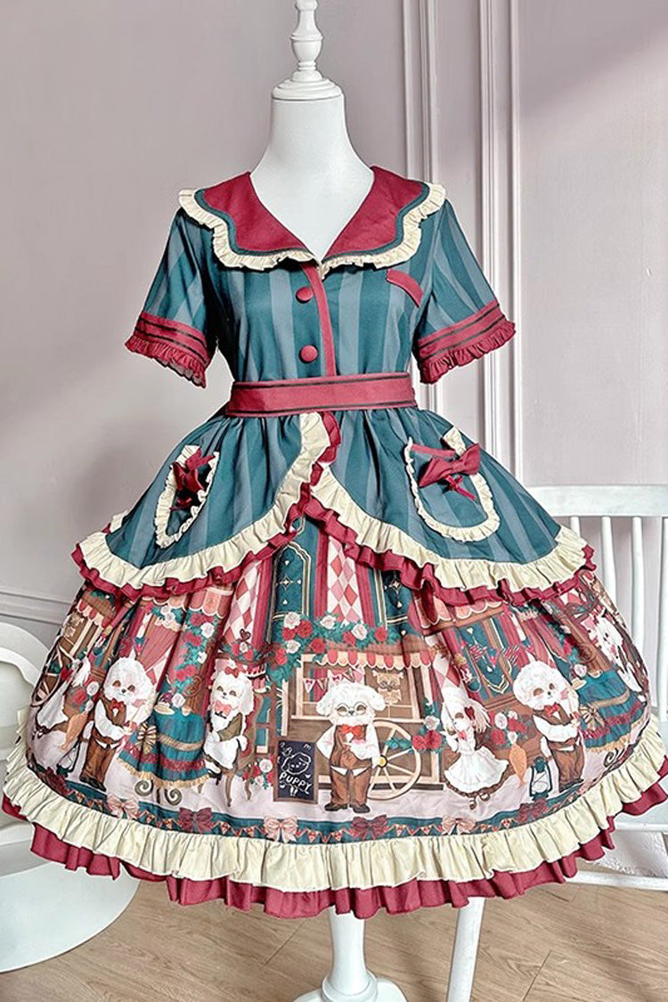 [Puppy Cafe] Print Ruffle Bowknot Sweet Lolita Dress 3 Colors - Green - 5