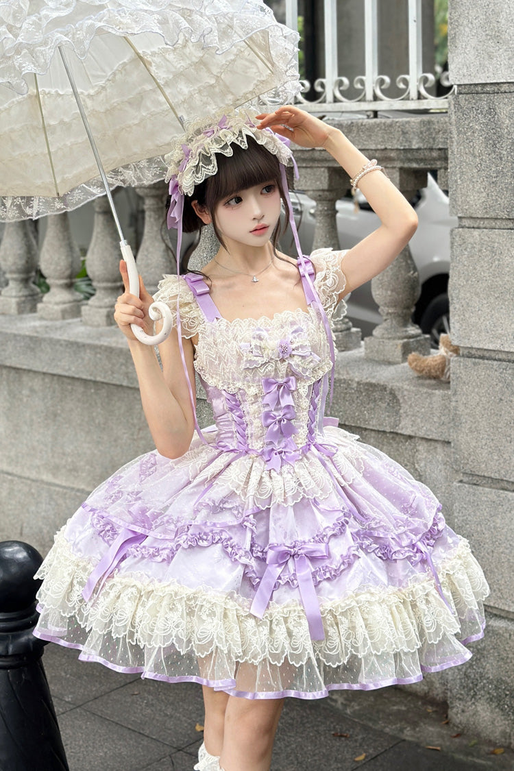 Purple [Dreaming Butterfly] Multi-Layered Jacquard Ruffle Bowknot Lace Sweet Princess Lolita Jsk Dress - Purple - 1