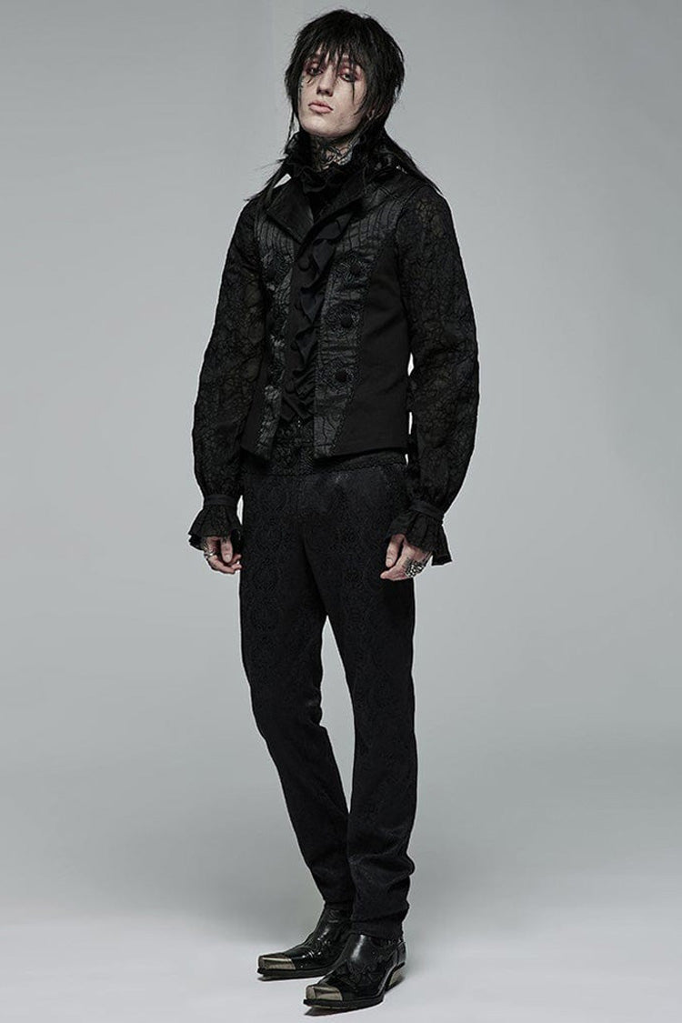 Black Gothic Noble Jacquard Embroidery Pleated Ruffle Delicate Buttons Decoration Men's Vest - Product - 4