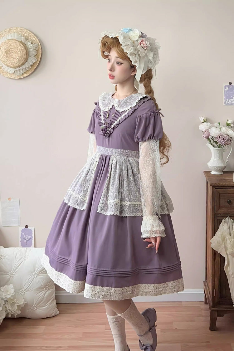 Purple [Mist over Flowers Along the Path] Lapel Collar Long Sleeves Embroidery Bowknot Lace Sweet Lolita Dress - Product - 3