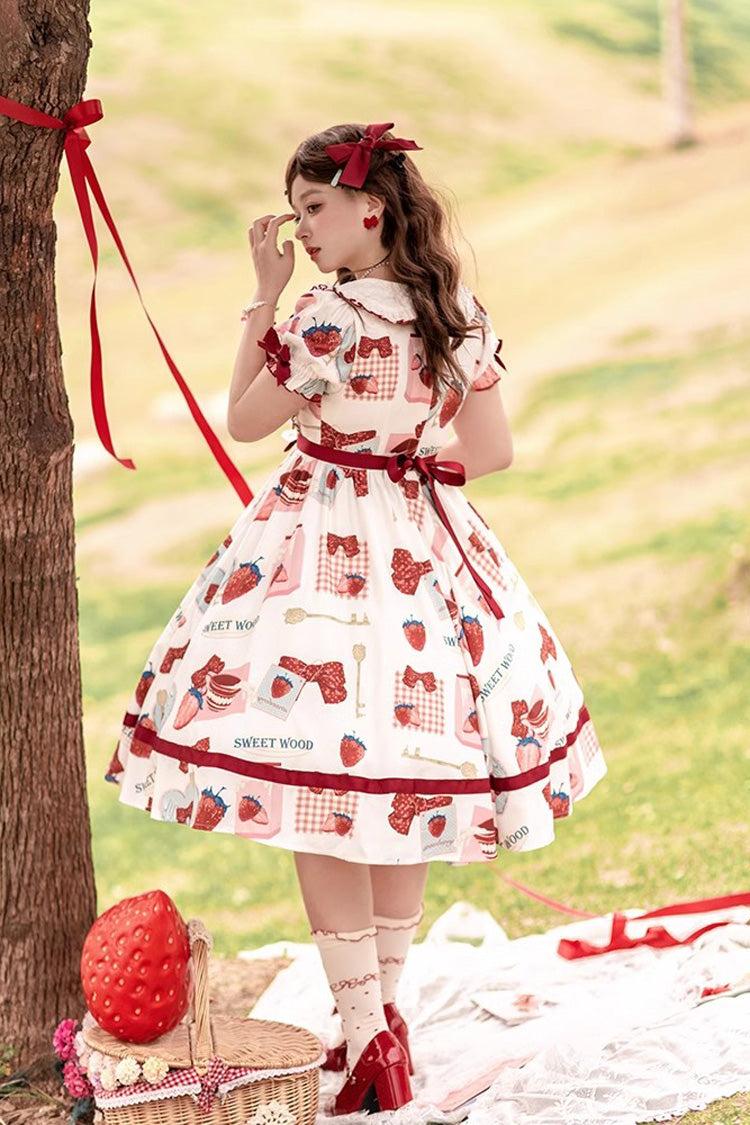 Multi-Color Strawberry Bowknot Print Short Sleeves Short Version Sweet (Dress Only) detail view 5