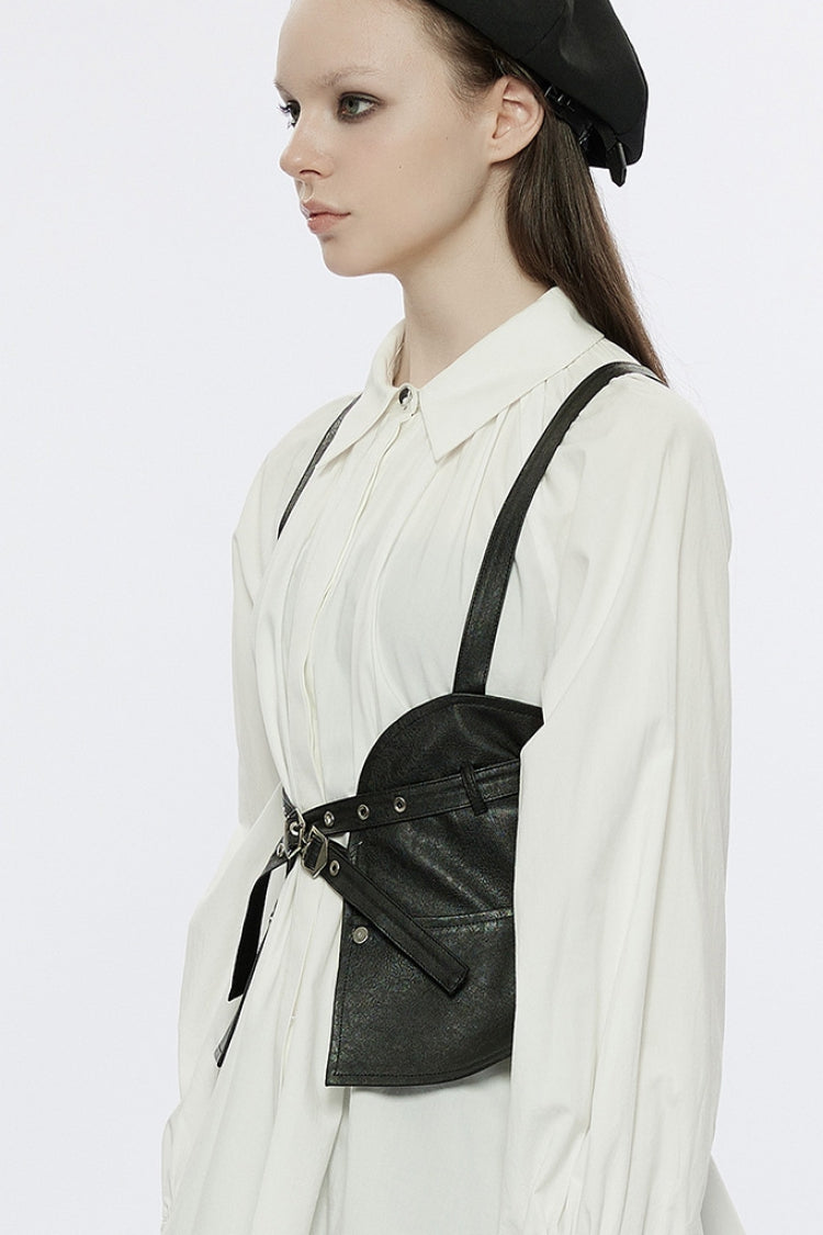 Black Ruffle Metal Buckle Strap Detachable PU Leather Strap Women's Punk Strap - Product - 2