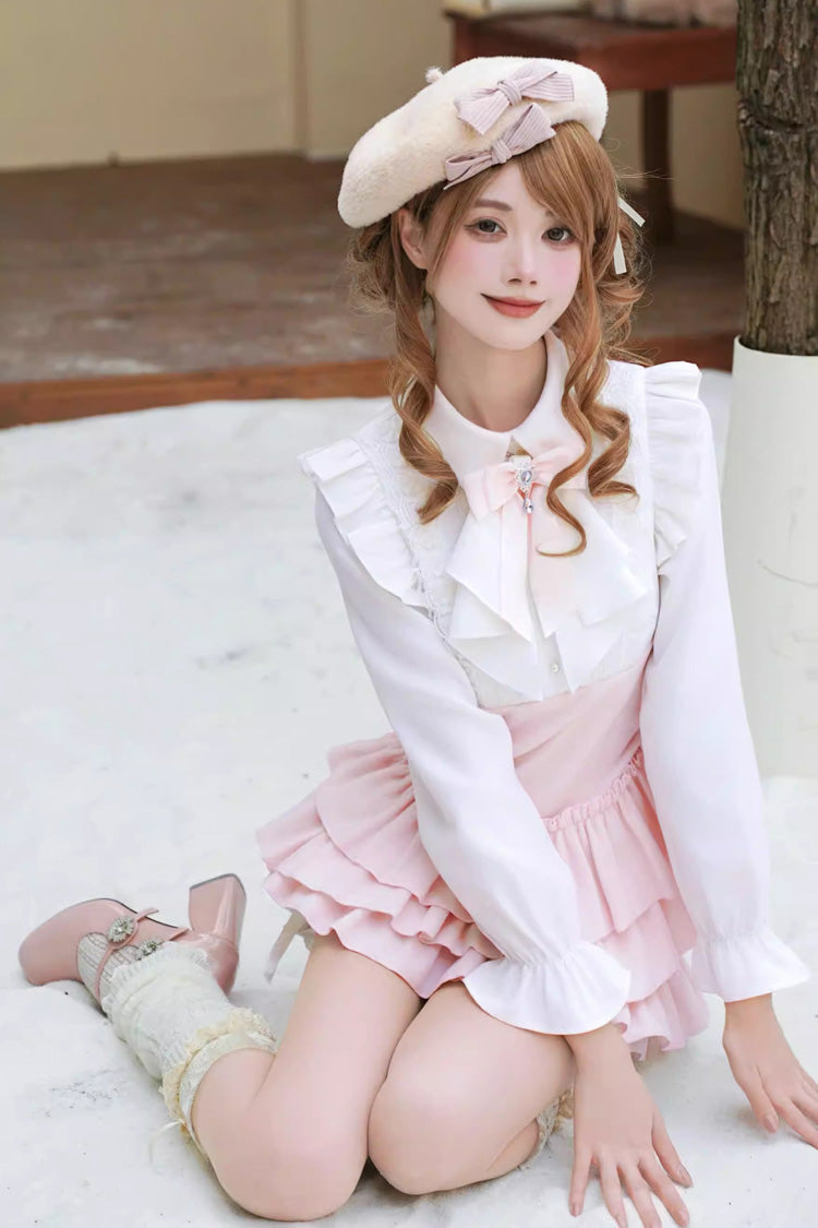 Pink [Cherry Blossom Snow] Lapel Collar Long Sleeves Triple-Layered Ruffled Bow Faux Two-Piece Sweet Lolita Dress - Product - 5