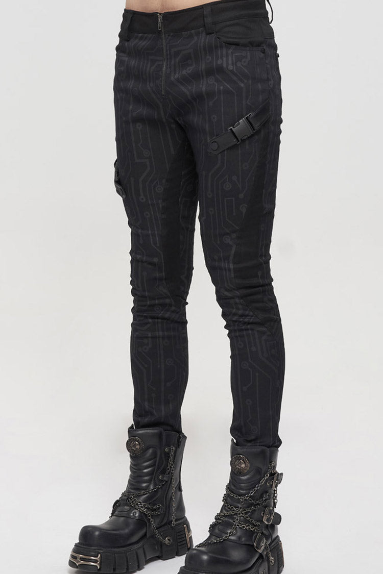 Black Punk Casual Circuit Diagram Print Asymmetric Decoration Men's Long Pants - Product - 4