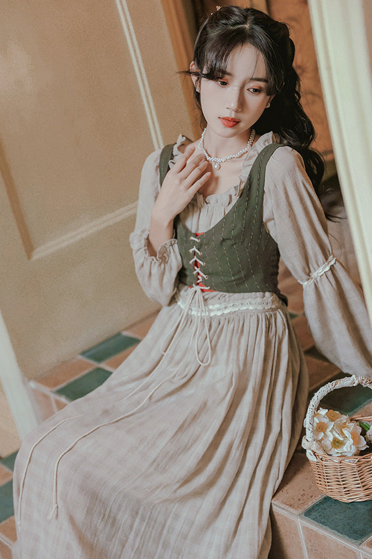 Khaki French Style Round Collar Long Sleeves Printed Classic Vintage Lolita Dress - Product - 10