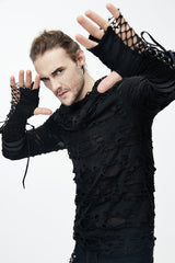 Black Ripped Finger Covered Autumn Hooded Mens Punk T-Shirt - Product - 4
