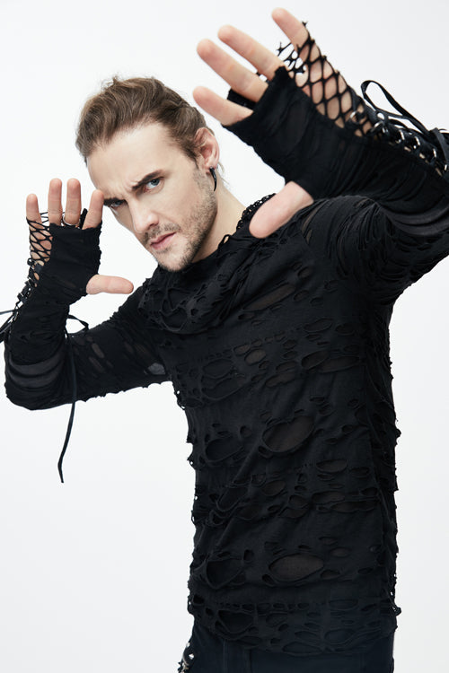 Black Ripped Finger Covered Autumn Hooded Mens Punk T-Shirt - Product - 4