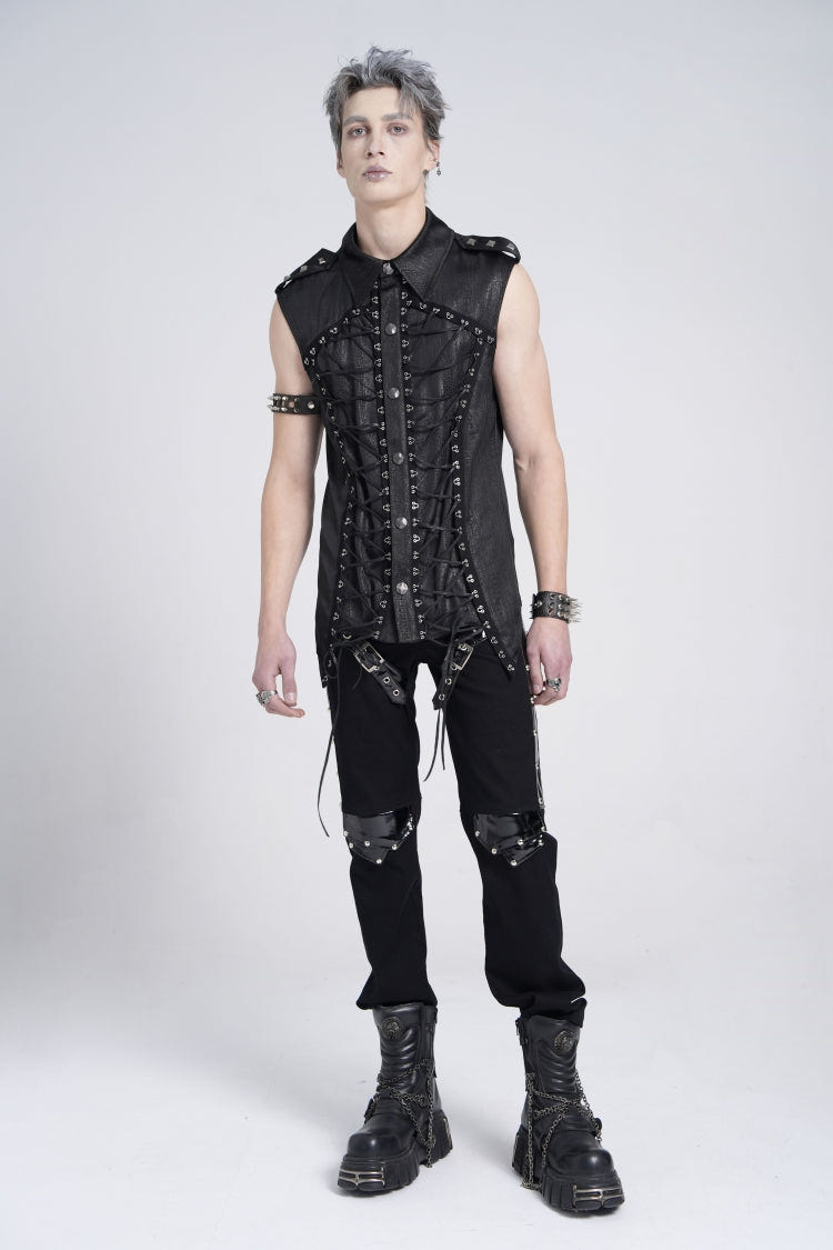 Black Sleeveless Studded Lace-Up Men's Gothic Blouse - Product - 10