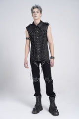 Black Sleeveless Studded Lace-Up Men's Gothic Blouse - Product - 10