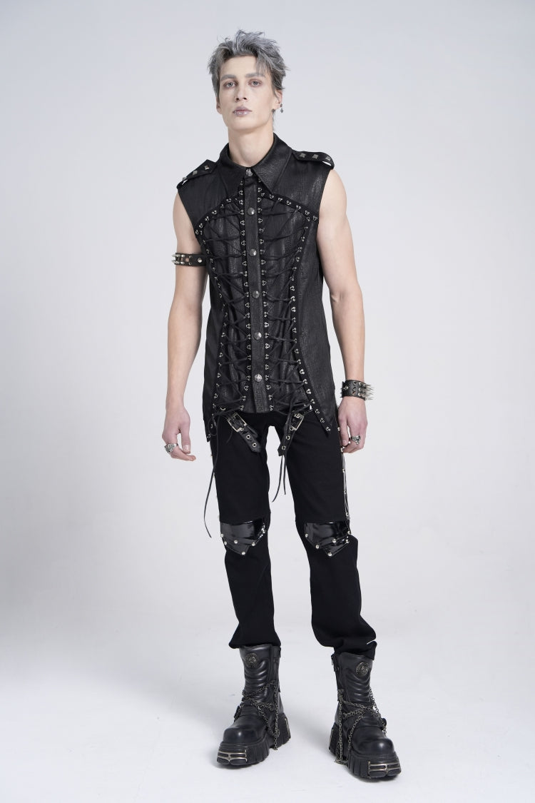 Black Sleeveless Studded Lace-Up Men's Gothic Blouse - Product - 10