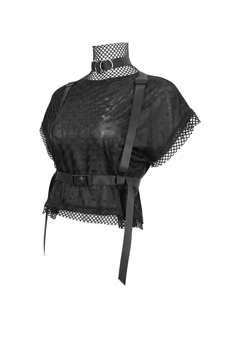 Black Short Sleeve High Collar Mesh Stitching Diamond Mesh Women's Punk T-Shirt - Product - 2