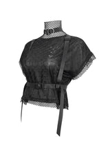 Black Short Sleeve High Collar Mesh Stitching Diamond Mesh Women's Punk T-Shirt - Product - 2