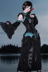 [Sky Dragon] Round Collar Printed Embroidered Lace-Up Gothic Chinese Style Lolita Skirt Set 2 Colors - Black/Cyan - 1