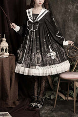 Black With Bow ON Chest Cross Print Gothic Lolita OP Dress - Black - 1