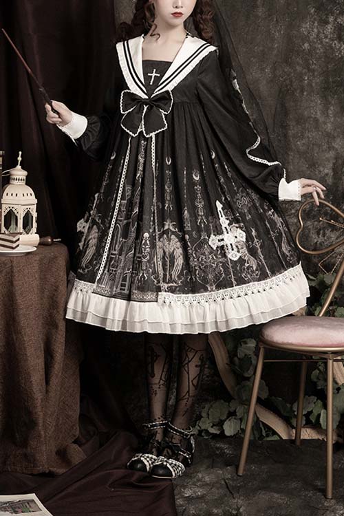 Black With Bow ON Chest Cross Print Gothic Lolita OP Dress - Black - 1
