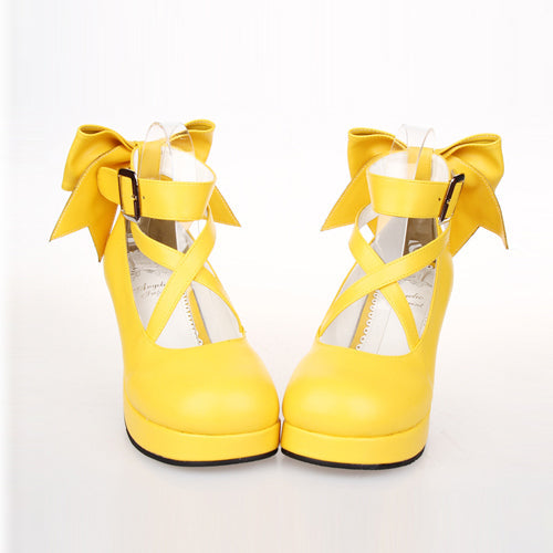 Pure Color Cute Bowknot Sweet Lolita High Heel Shoes - Yellow - 6
