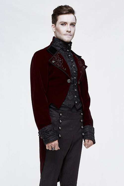 Wine Gothic Palace Embroidered Metal Rivets Dovetail Mens Coat - Product - 2
