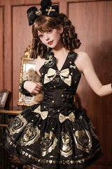 Black/Gold [Sugar Bear] Jacquard Ruffled Bow Lace Sweet Classic Lolita Dress 2 Versions - Product - 9