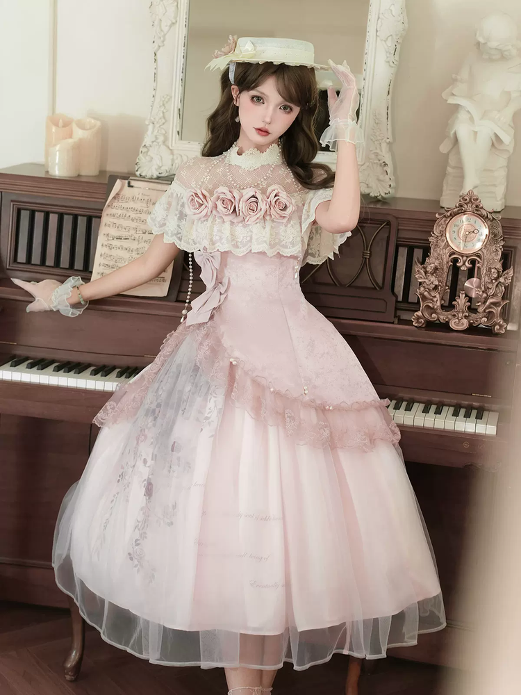 Pink Floral Mesh Lace Ruffled Rose Sweet Princess Vintage (Set) front view