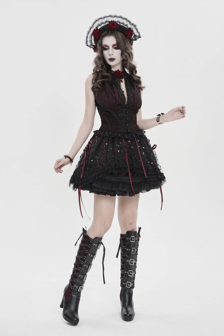 Black/Red Multi-Layered Lace Lace-Up Women's Gothic Skirt - Black/Red - 1