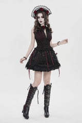 Black/Red Multi-Layered Lace Lace-Up Women's Gothic Skirt - Black/Red - 1