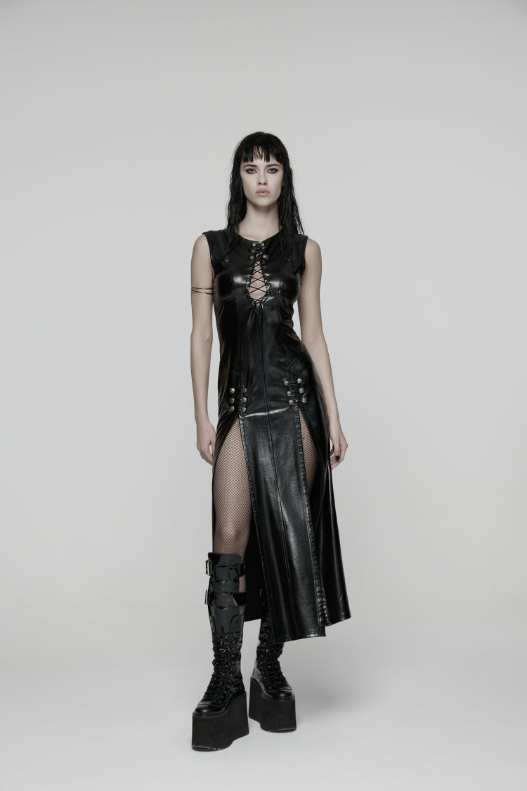 Black Sleeveless Split Lace-Up Slim Women's Punk Dress - Black - 1