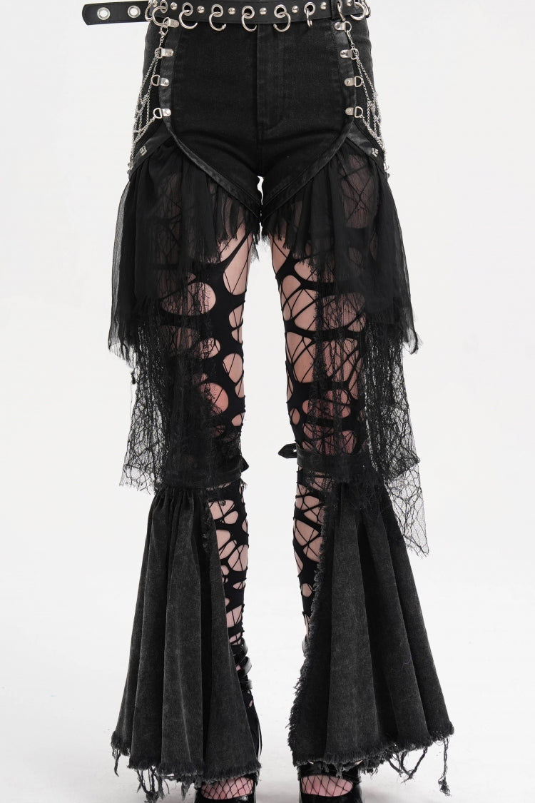 Black Chain Irregular Mesh Ripped Hem Women's Gothic Shorts - Black - 1