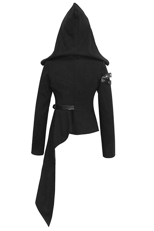 Black Hooded Asymmetrical Zipper Womens Punk Jacket - Product - 7