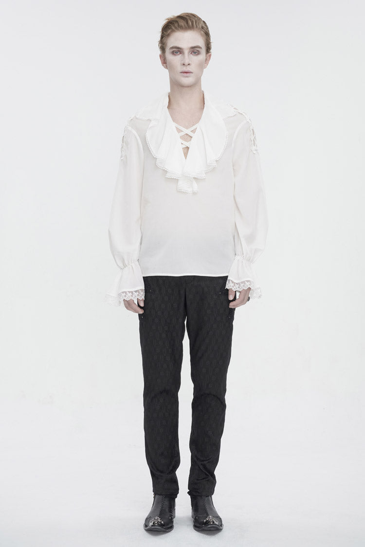 White Ruffled Collar Puff Sleeved Men's Gothic Shirt - Product - 4