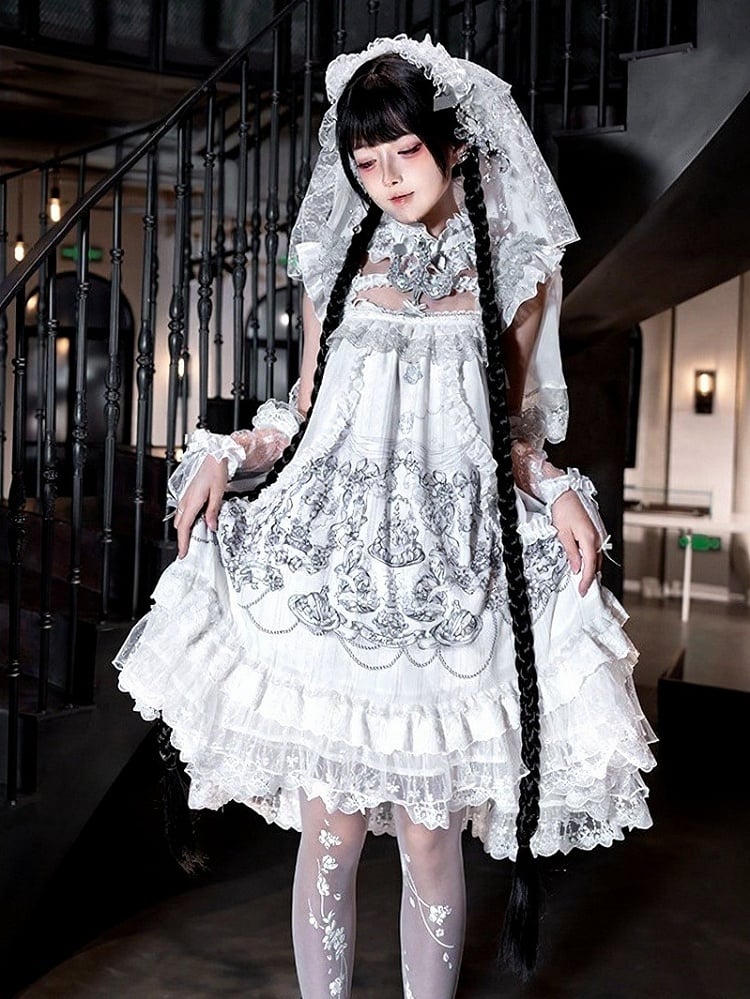Gothic White Candle Print Waistless Lolita JSK Dress with Lace Details + Choker + Candle Embroidered Brooch Set - view 23