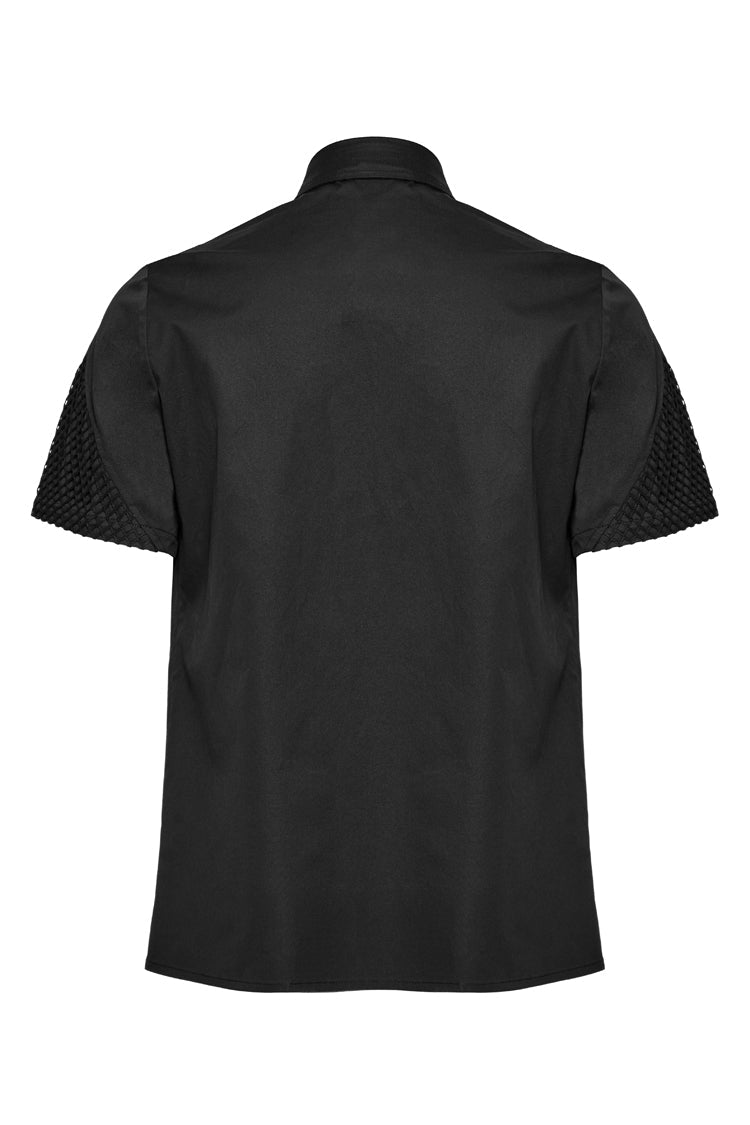 Black Lapel Collar Short Sleeves Mesh Stitching Men's Punk Blouse - Product - 7