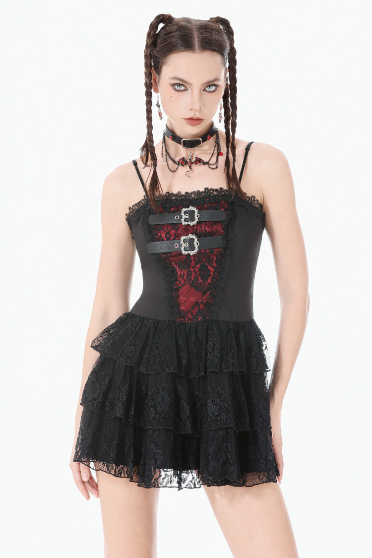 Black/Red Sleeveless Multi-Layered Lace Lace-Up Women's Grunge Cake Slip Dress Graduation Dress - Black/Red - 1